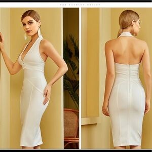 Halter Bodycon Bandage Dress Sexy Hollow Out Backless white